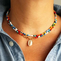 bohemian style candy multicolored crystal rice bead choker double rainbow shell necklace women charm pendant accessories