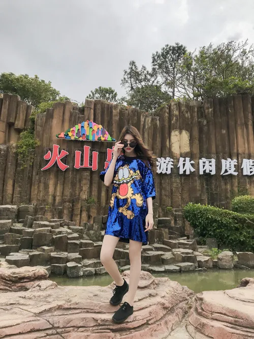picture color Женское платье для подиума, с принтом, с блестками, свободная длинная футболка, женское платье, новинка года, женское платье для сцены, уличная одежда, сексуальные мини платья - Цвет: picture color