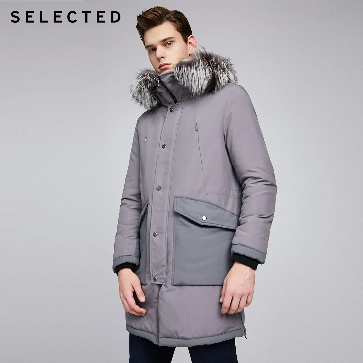 SELECTED Men's Fox Fur Mid-length Hooded Down Jacket S|419412544 | Мужская одежда