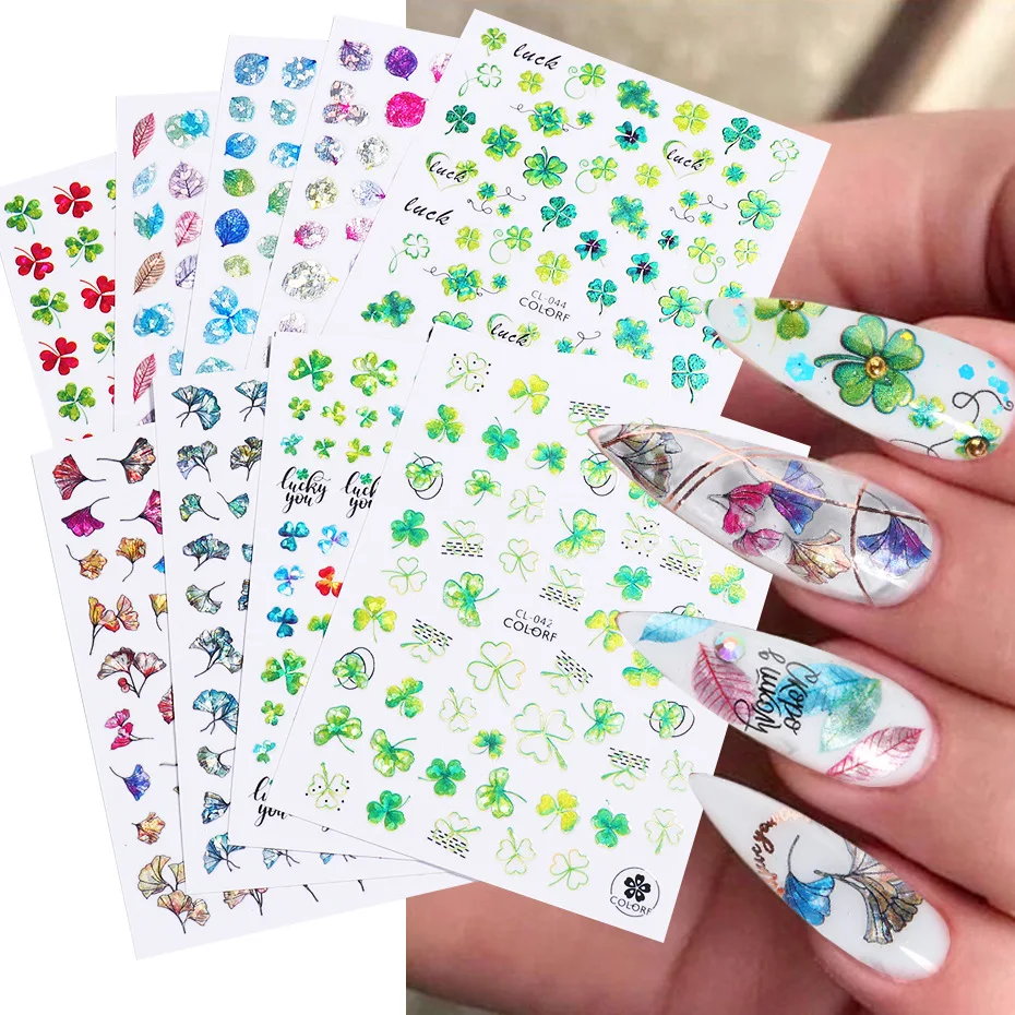 

Nail Stickers Ins Laser Clover Autumn Leaves Ginkgo Fan Dried Flowers Colorful Nail Art Decorative Decals Designer Nails