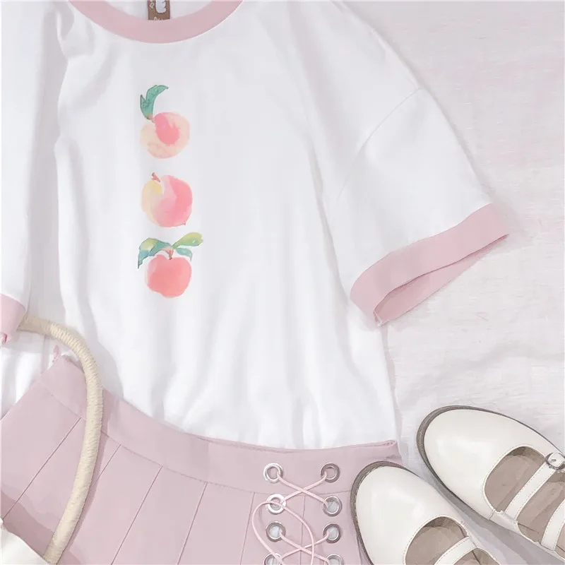 Летние женские милые футболки с персиковым принтом футболка коротким рукавом