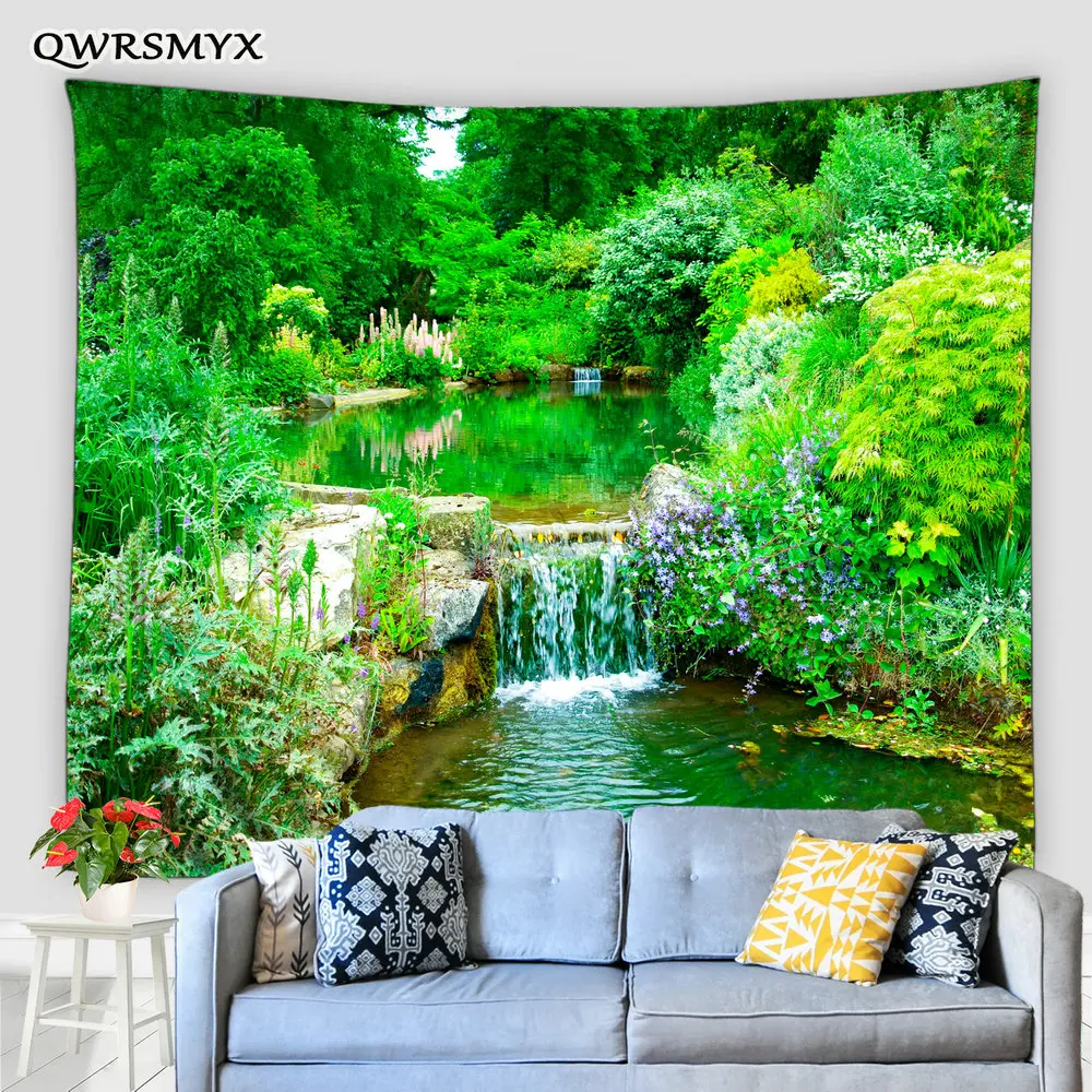 

Green Forest Small Waterfall Garden Landscape Tapestry Scenery Wall Hanging Home Bedroom Decor Wall Tapestries Art Adornment