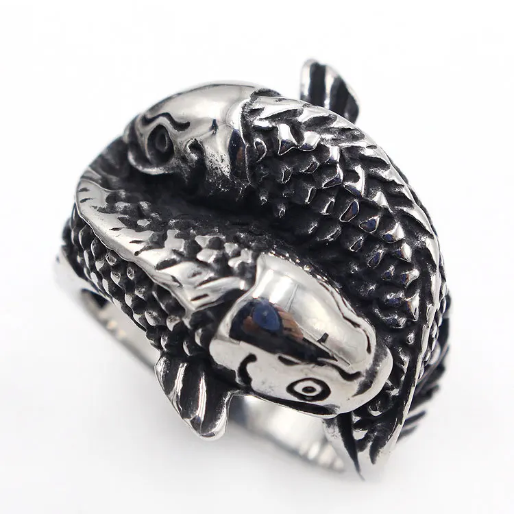 

AsJerlya Cool Men Punk Rings 316L Titanium Stainless Steel Double Fishes Cock Rings for Stylish Male Party Finger jewelry 7-13