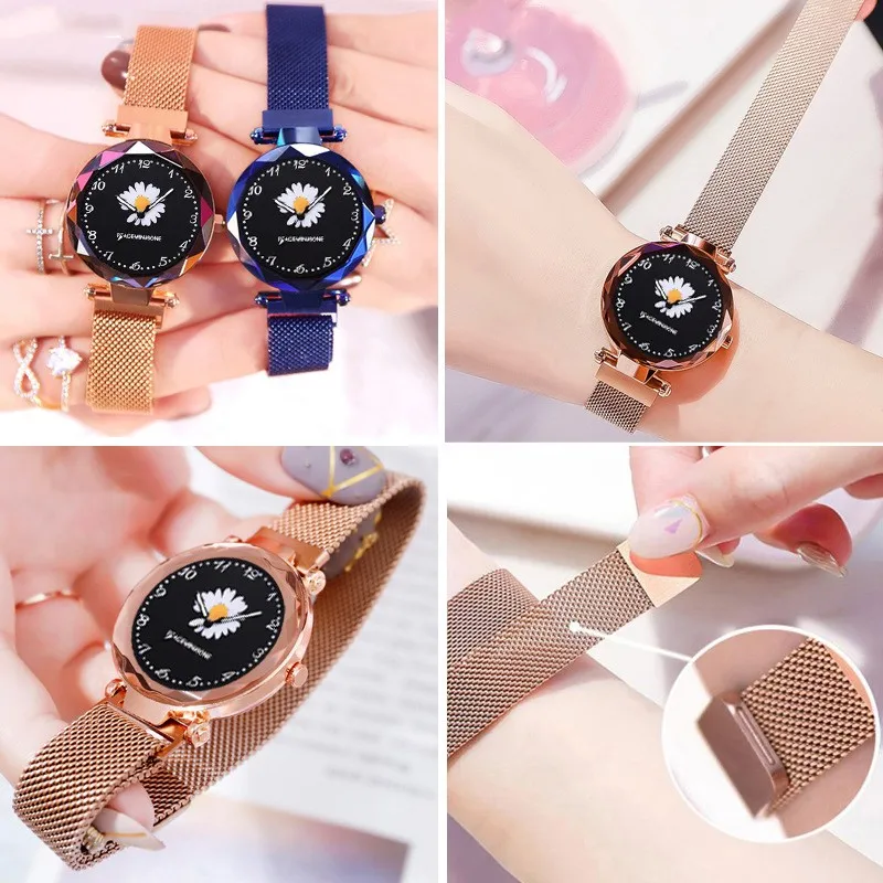 

Women Alloy Mesh Belt Magnet Buckle Daisy Quartz Watch Simple Wild Girlfriends Couple Watch Birthday Gift Women Wrist Watch