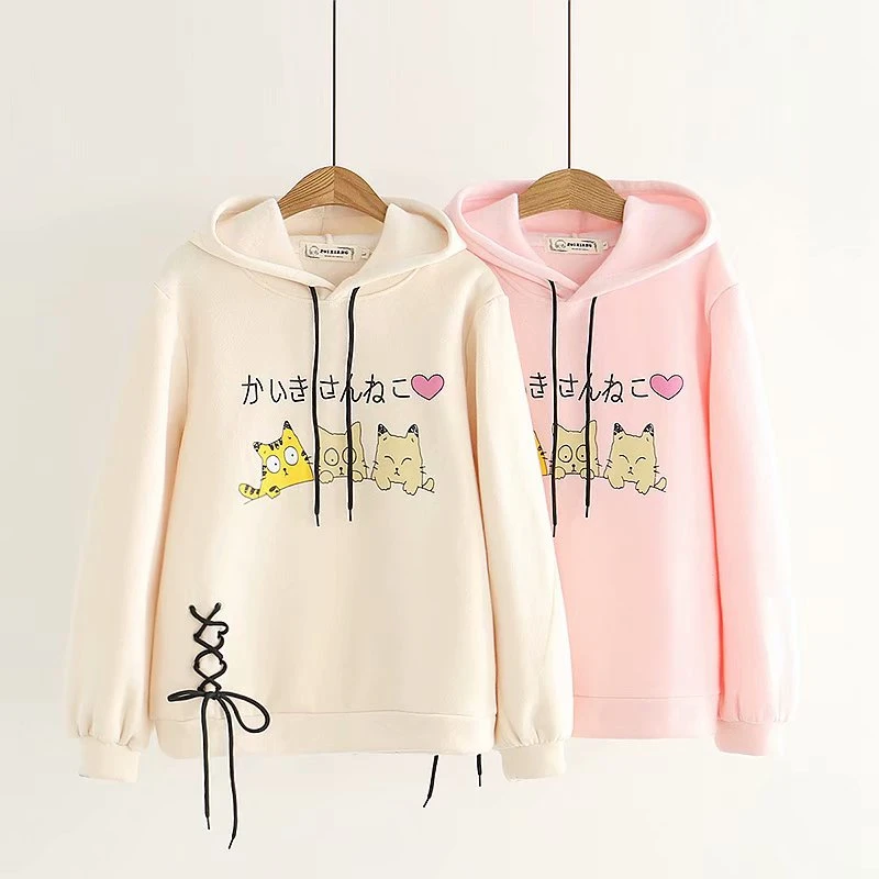 Harajuku kawaii женский милый кашемировый пуловер с 3 забавными котами и длинным рукавом, худи из хлопка с капюшоном, свободные толстовки для женщин