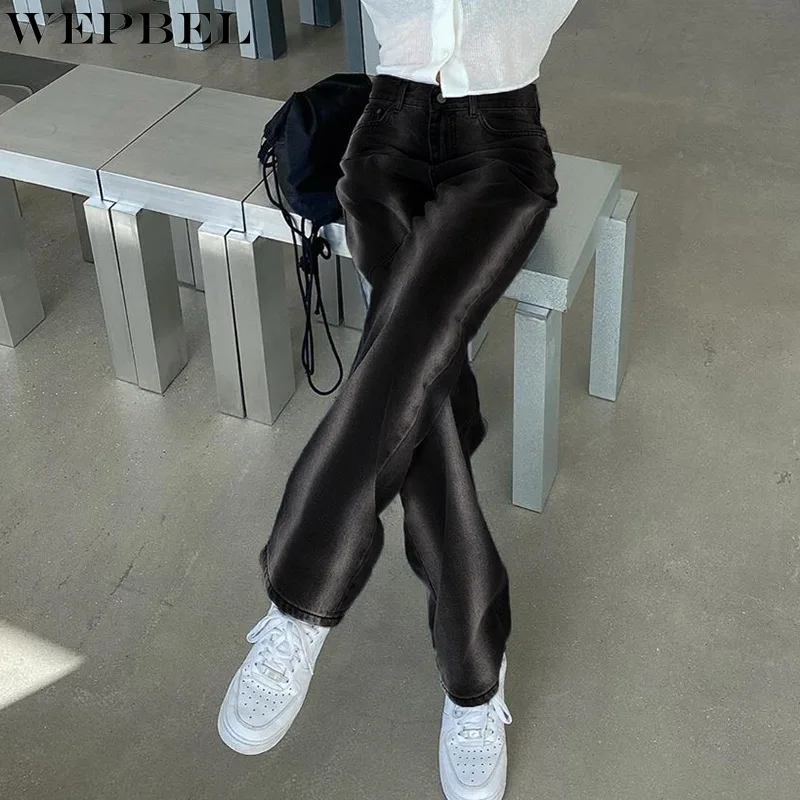 

WEPBEL Women Sexy High Waist Bleached Stripe Denim Pants Ladies Loose Vintage Washed Straight Jeans Long Trousers