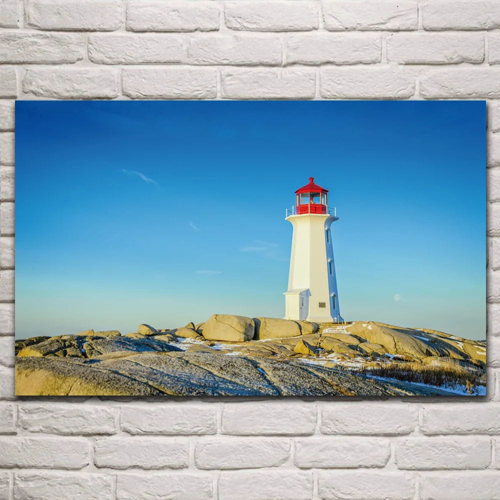 

Sunny coast lighthouse cove clear blue sky nature scenery fabric posters on wall picture home art living room decoration KQ404