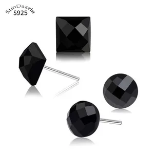 Серьги-гвоздики из настоящего чистого серебра 925 пробы для мужчин и женщин, ювелирное изделие с черными квадратными круглыми камнями для мужчин и женщин