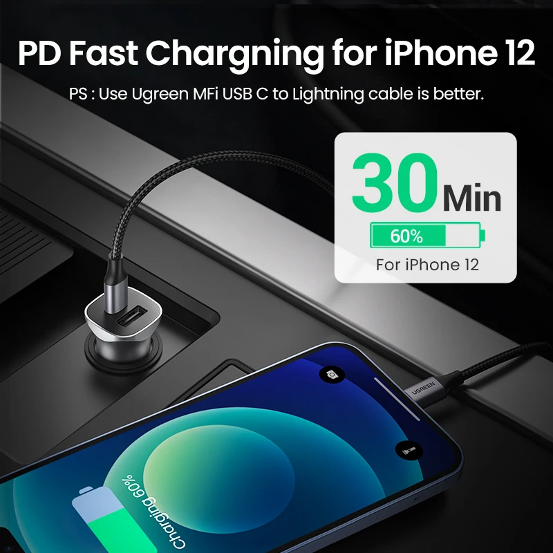 ugreen car charger type c fast usb charger for iphone 13 12 xiaomi car charging quick 4 0 3 0 charge moible phone pd charger free global shipping