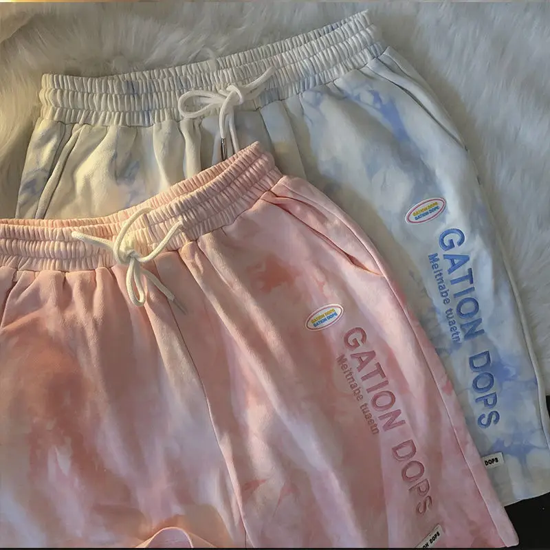

Vintage Letter Embroidery Tie Dye Shorts Sweatpants Women Casual Loose Summer Joggers Wide Leg Pants American Style Hip Hop Teen