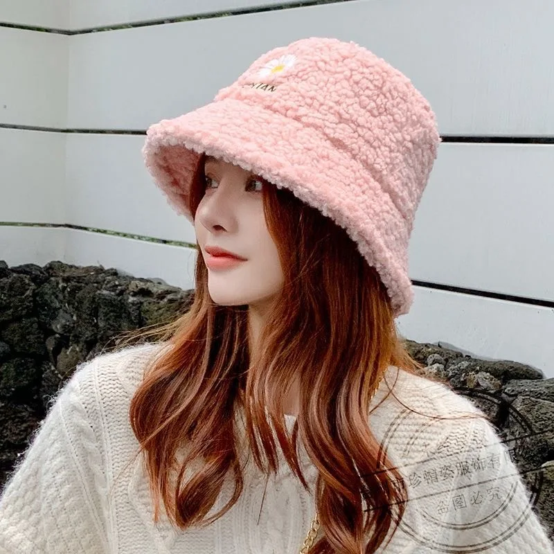 

Hat female lamb wool letter embroidery small brim fisherman hat autumn and winter solid color warm plush basin hat lovers