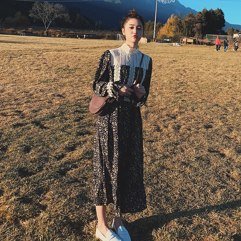 

Женское шифоновое платье с цветочным принтом, Свободная Повседневная Базовая юбка в Корейском стиле, весна-осень, 2021