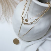three layer chain pendants necklace for women stainless steel round geometric plated gold chain long luvury necklace jewellery