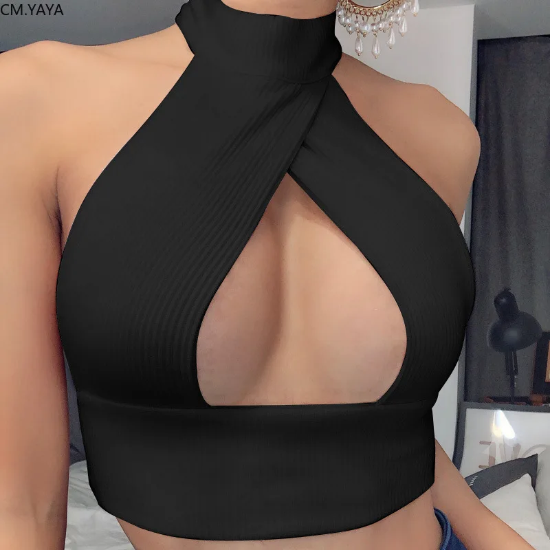 CM.YAYA women summer sexy cut out open back halter neck party club crop tops beach knitted camis | Женская одежда