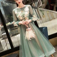 tea length evening dress 2022 34 sleeves tulle party gown evening dress robe de soiree