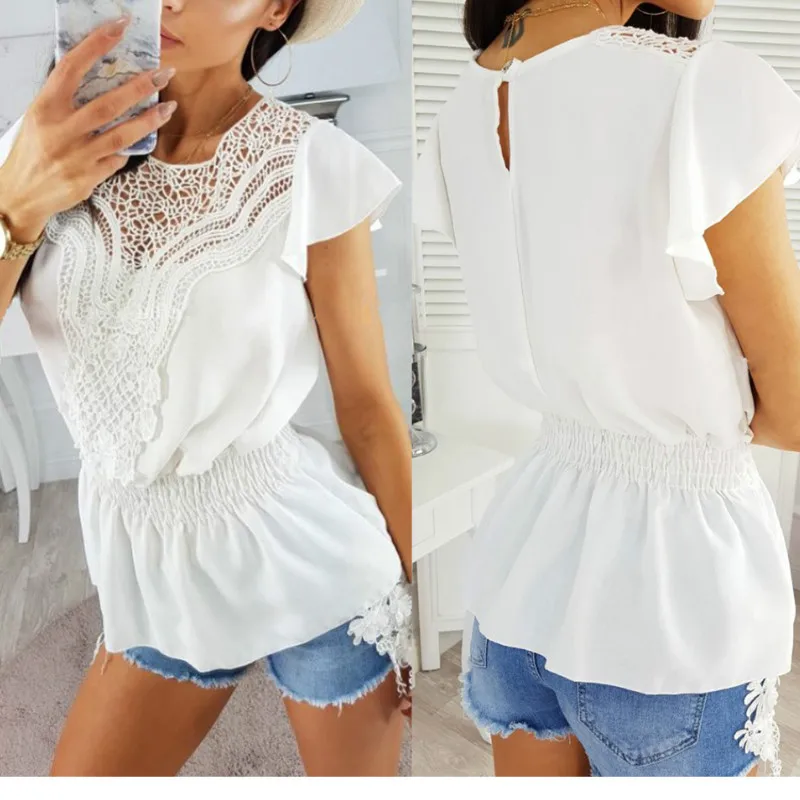 

Women Summer Casual Slim OL Blouse Short Sleeve Hollow out Chiffon Casual Tops