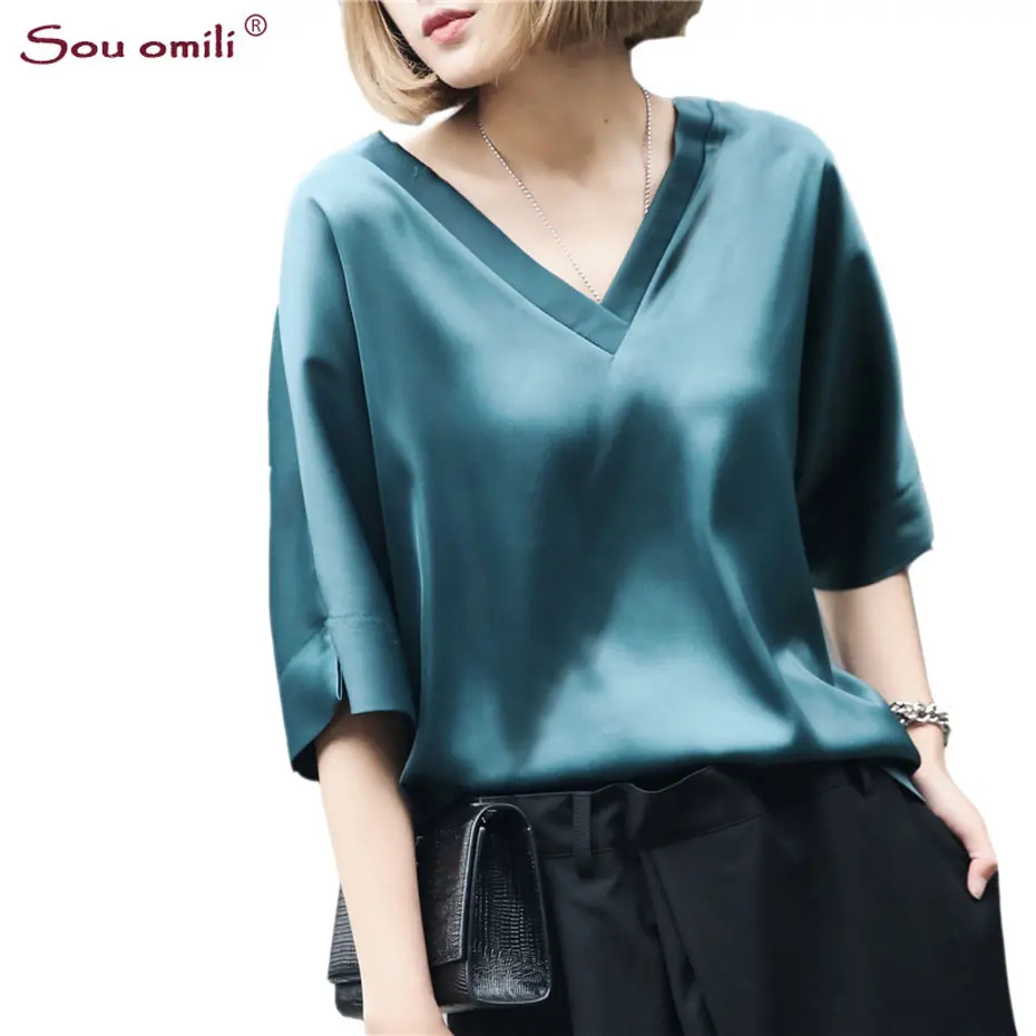 Яркая шелковая Летняя Повседневная шифоновая атласная футболка с V образным