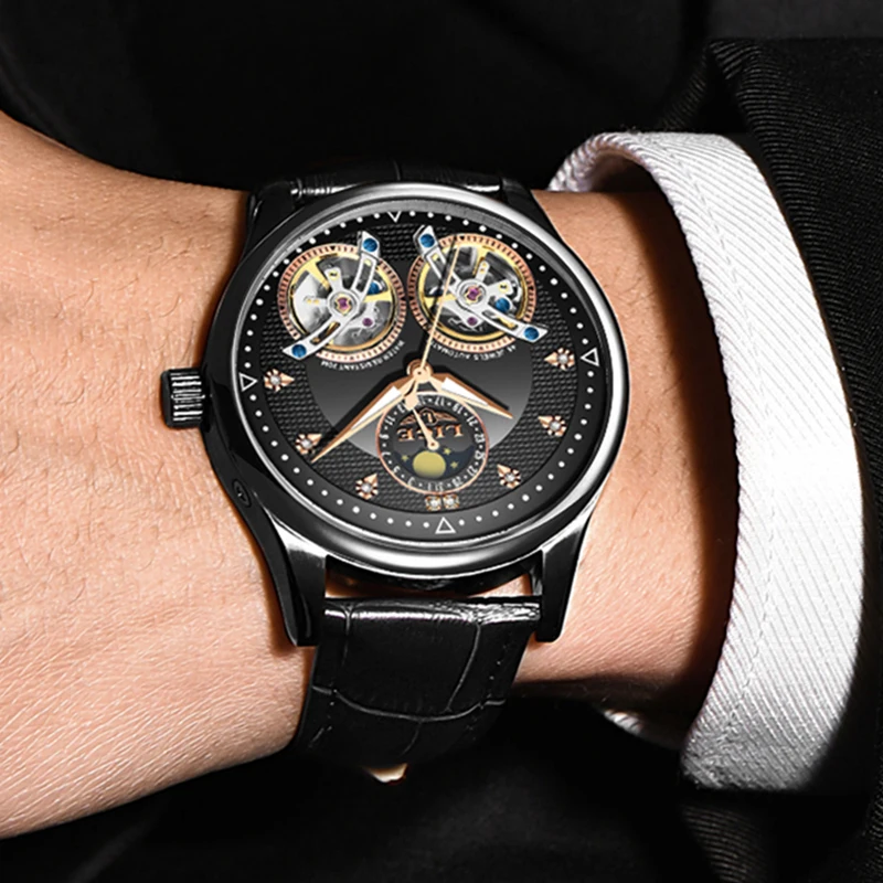 Reloj LIGE Мужские механические часы Tourbillon Роскошные модные брендовые кожаные
