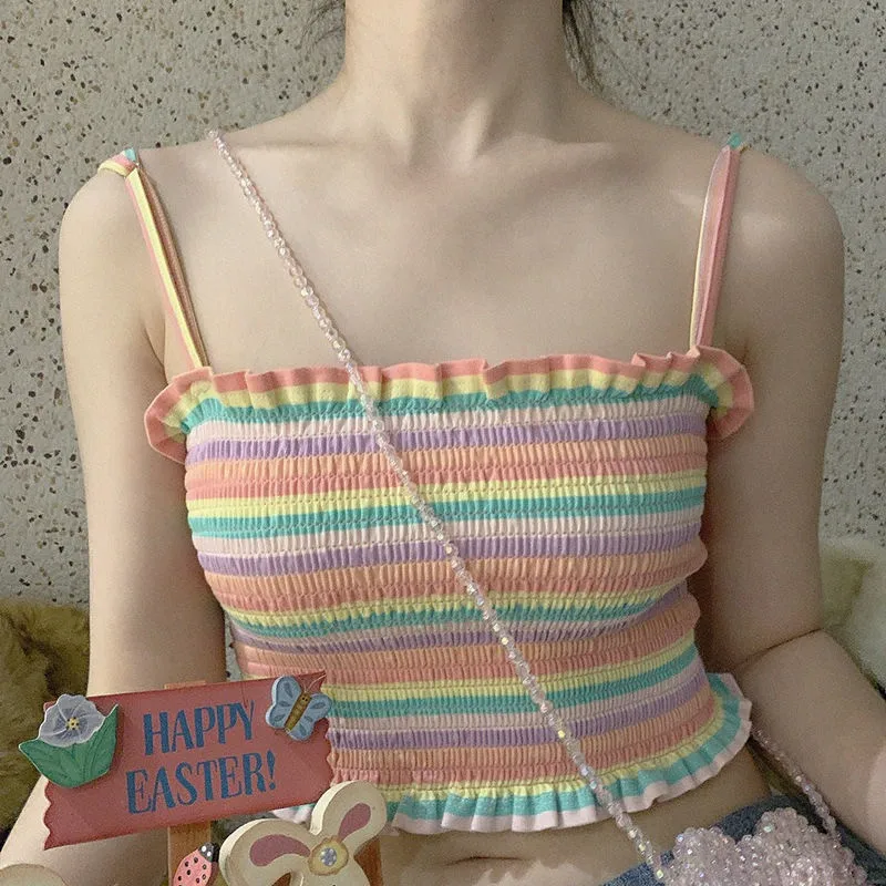 Summer Rainbow Color Sling Short Cotton vest Blouse Shirt Suspenders with Cool and Comfortable High-Quality Purple Green