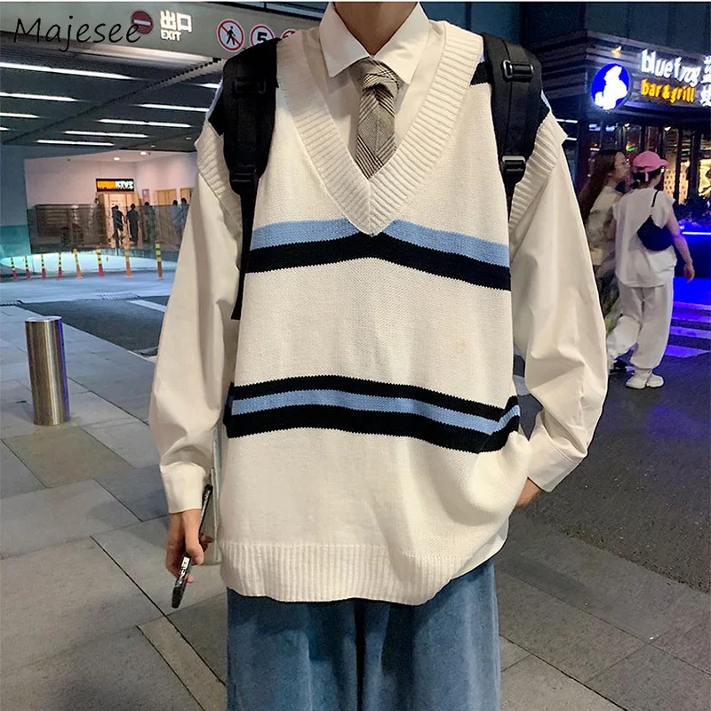 

Мужской свитер, жилеты большого размера, винтажные полосатые Джемперы, уличная одежда большого размера, стиль бойфренд, преппи, унисекс, тре...