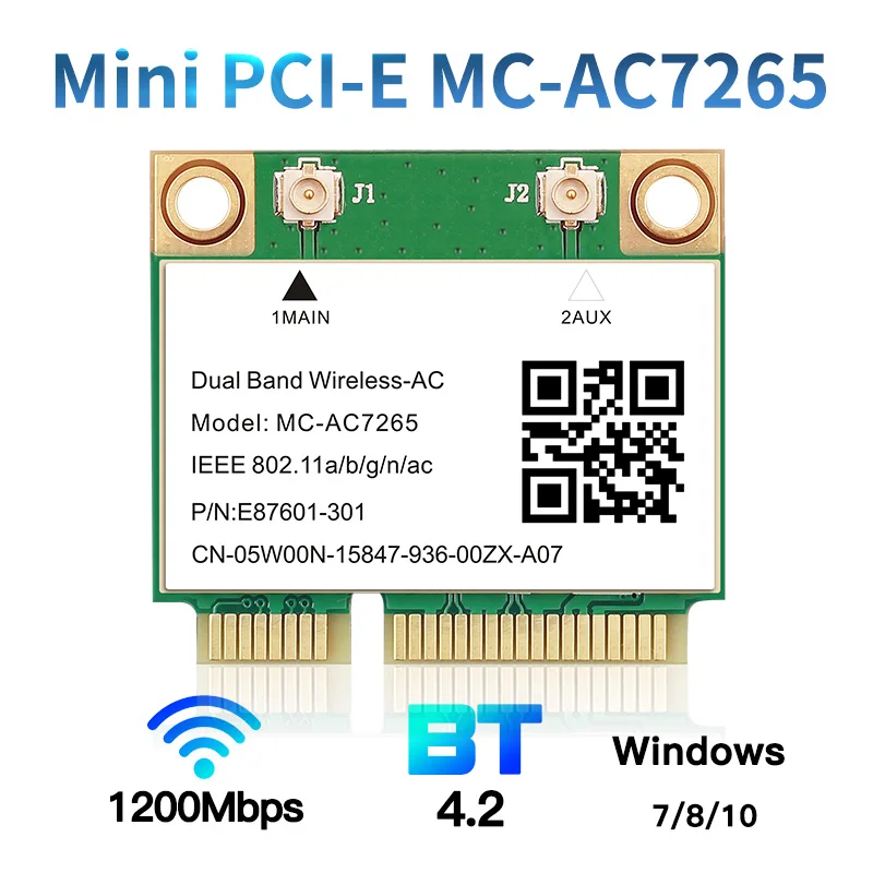 

1200Mbps MC-AC7265 Bluetooth 4.2 Half Mini PCI-E Network Wlan WiFi Card 802.11ac Dual Band 2.4G/5Ghz Wireless Adapter For PC Lap
