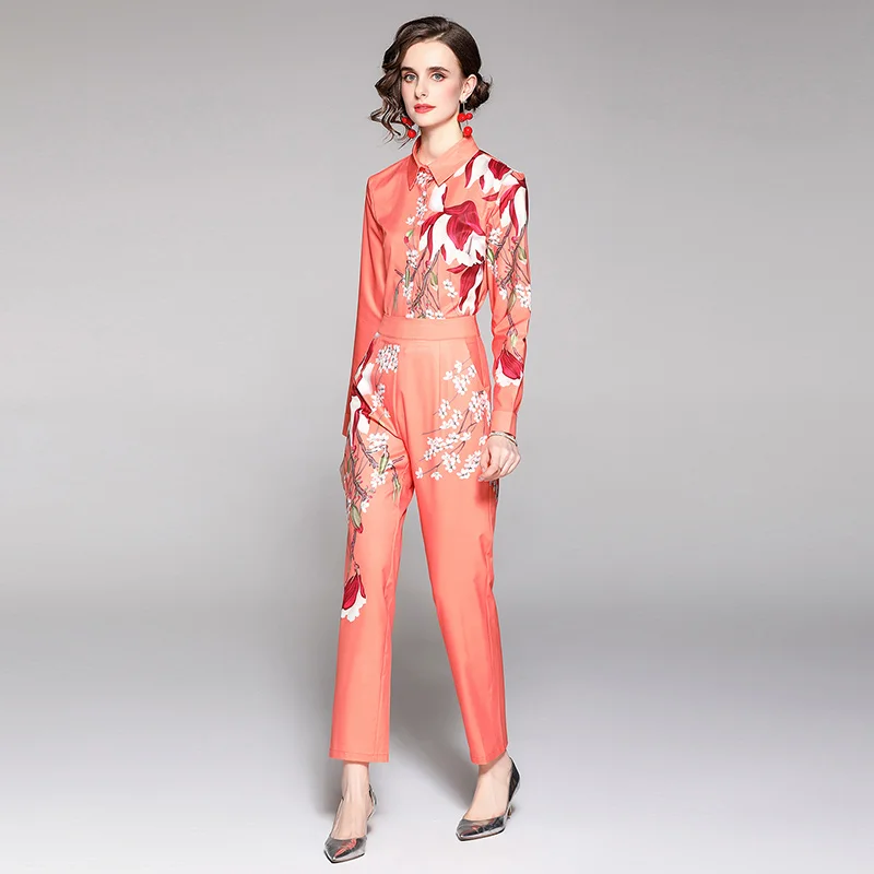 

2022 New Autumn Fashion Temperament Slim Printed Shirt + Fashion Waist Pants Two-piece Suit DF348