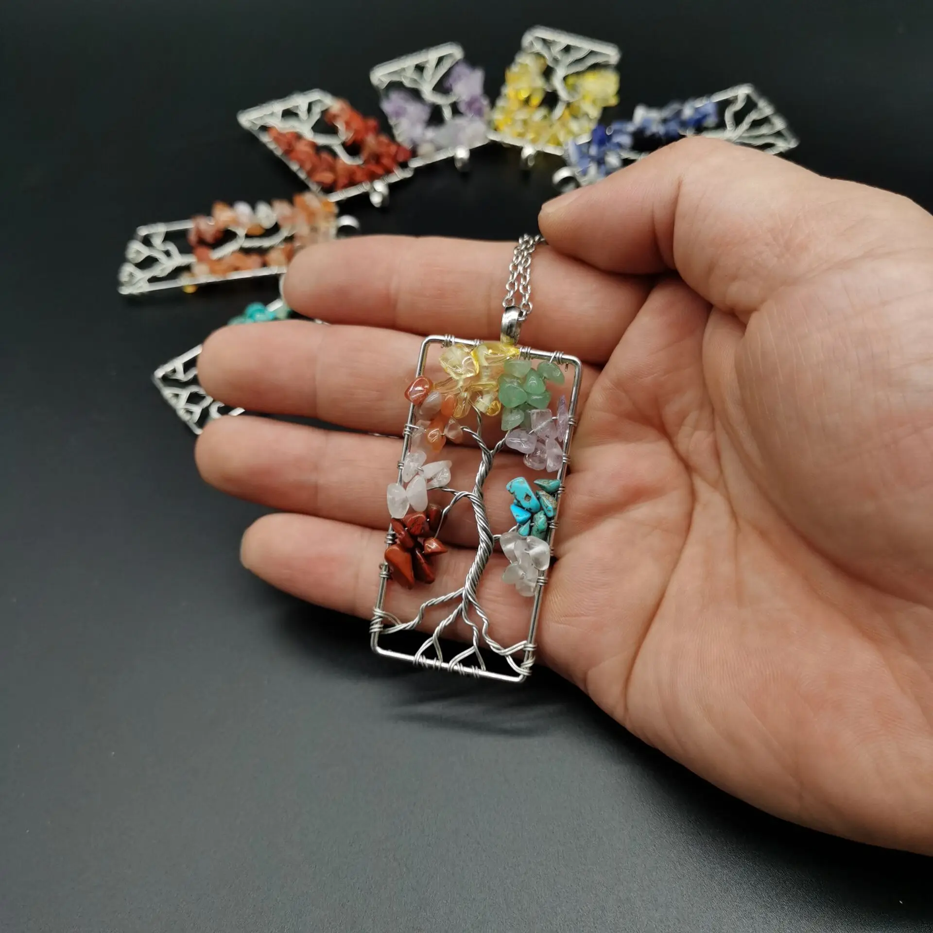 

Прямоугольное ожерелье с подвеской в виде дерева жизни семь чакр, розовая зеленая Бриллиантовая проволока, ручная работа, ожерелье для женщ...