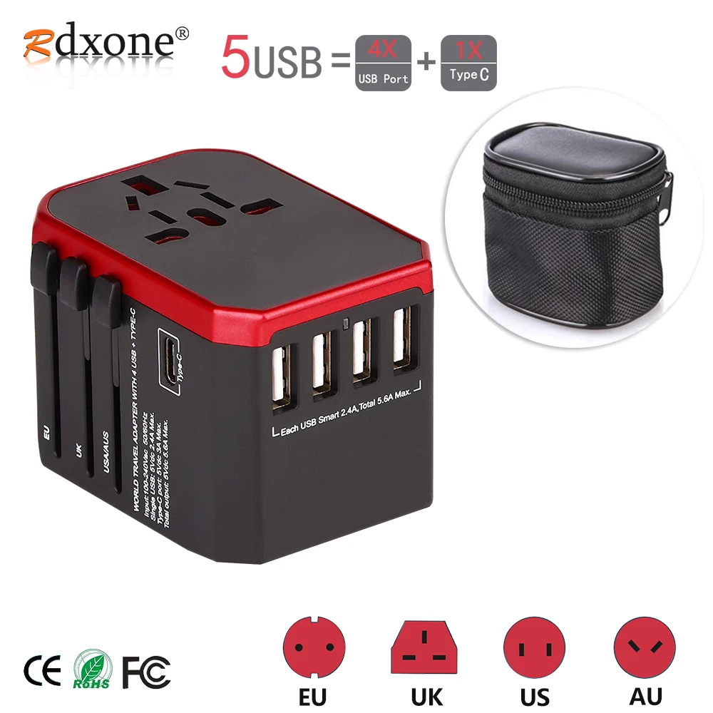 Rdxone Travel Adapter International Universal Power Adapter All-in-one with 5 USB Worldwide Wall Charger for UK/EU/US/Asia