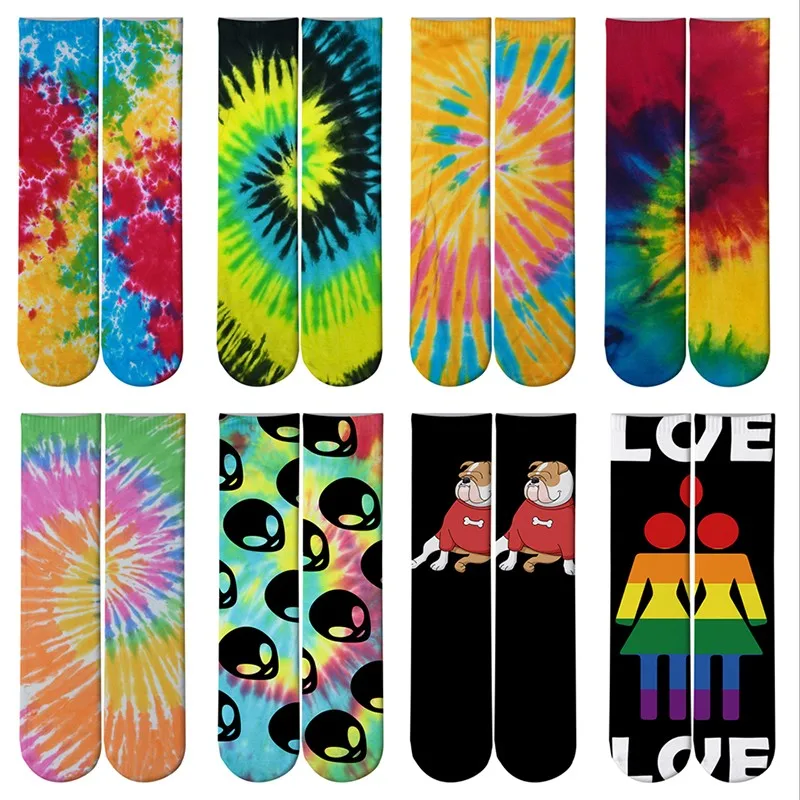 

Colorful Tie-dyed Skateboarding Women Tube Socks Long Fashion Men And Women Straight Socks Couples Sport Cotton Stockings
