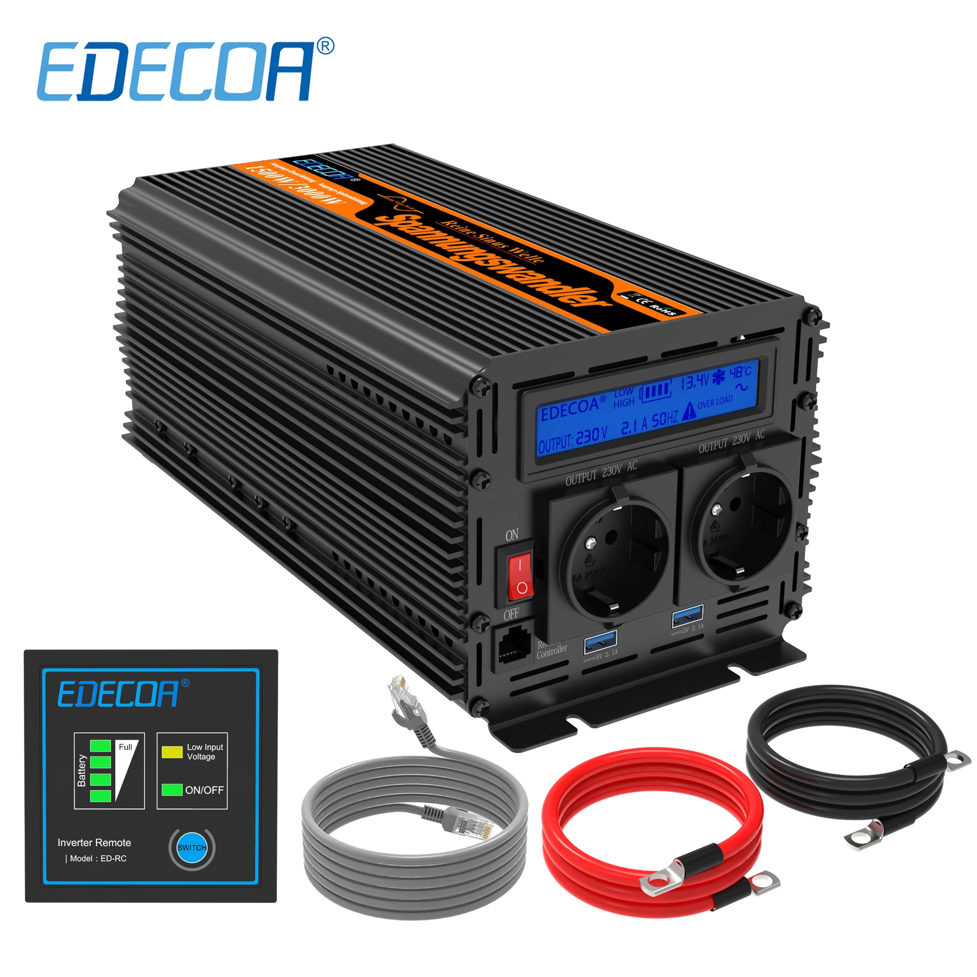Inversor de Energia 12v para ac 3000 com 5v Edecoa Onda Senoidal Pura 220v 1500w Pico 2.1a Usb Display Lcd Controle Remoto dc