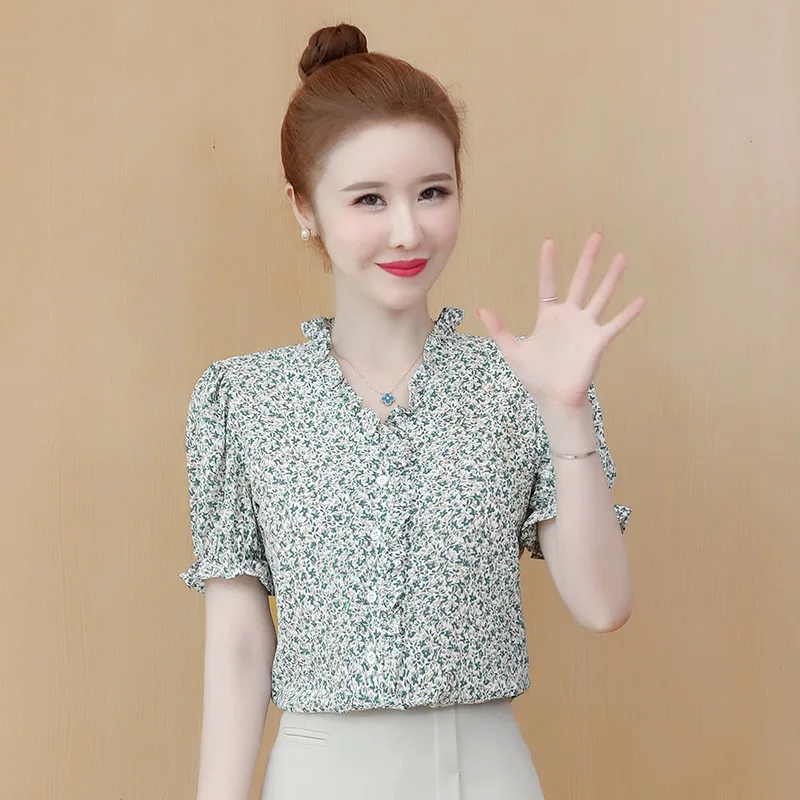 

Floral Chiffon shirt 2021 summer new women's sweet bubble sleeve shirt V-neck blouse