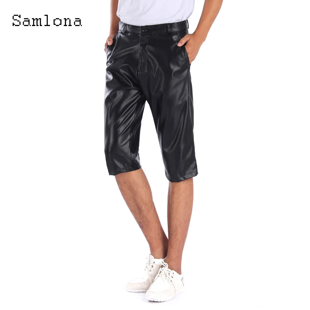 Samlona Plus Size Men's Faxu Pu Leather Shorts Punk Style Fashion Zipper Pockets Half Pants 2022 Summer New Sexy Hip Hop Shorts