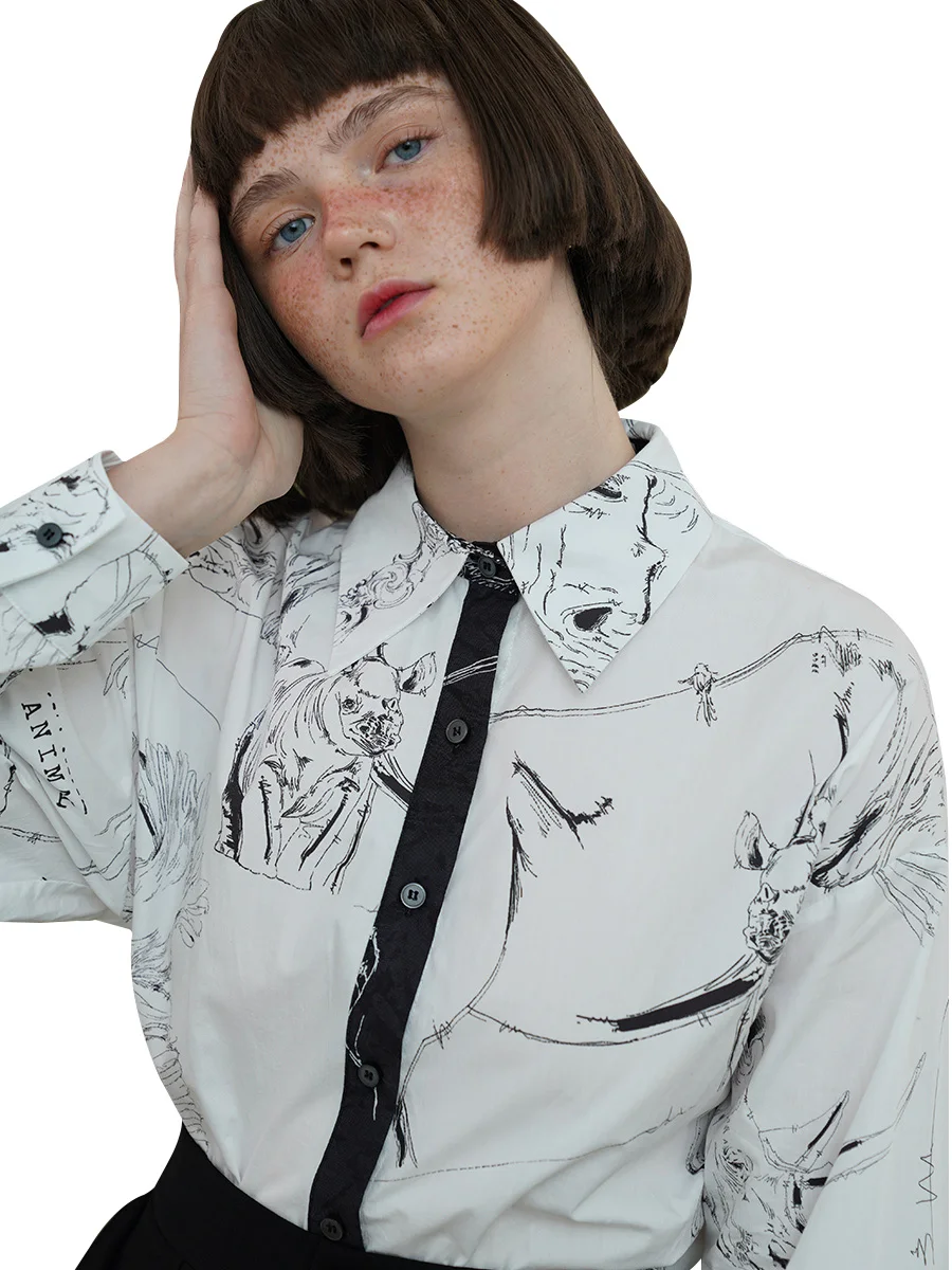 2022 Autumn Women Original Design Vintage Sketch Rhino Print Contrast Shirt