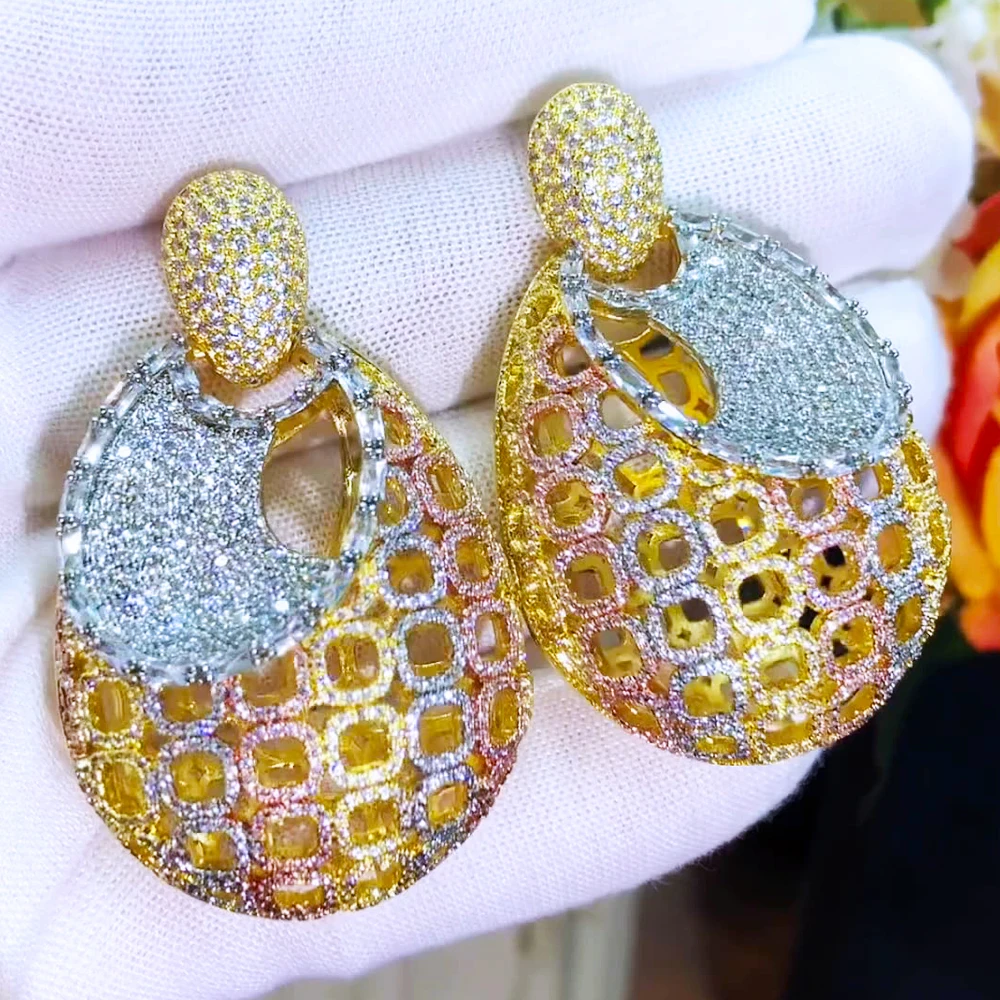 

Missvikki Fashion 3 Tone Cubic Zircon BIG Earrings Trendy Charms DUBAI Round Hoop Statement Earring for Women Wedding Jewelry