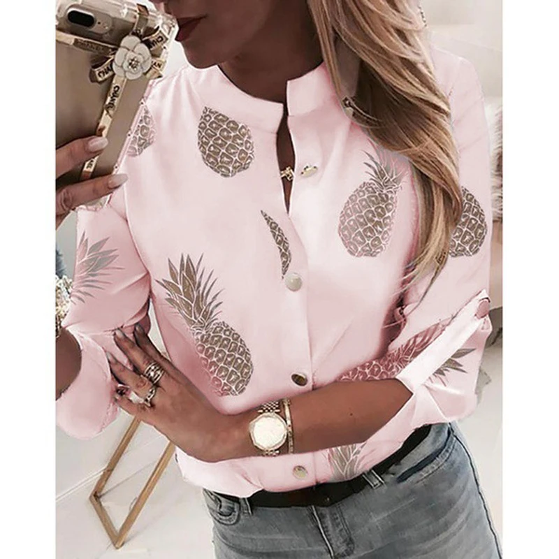 Женская блузка с принтом сердечек Повседневная рубашка длинным рукавом и V