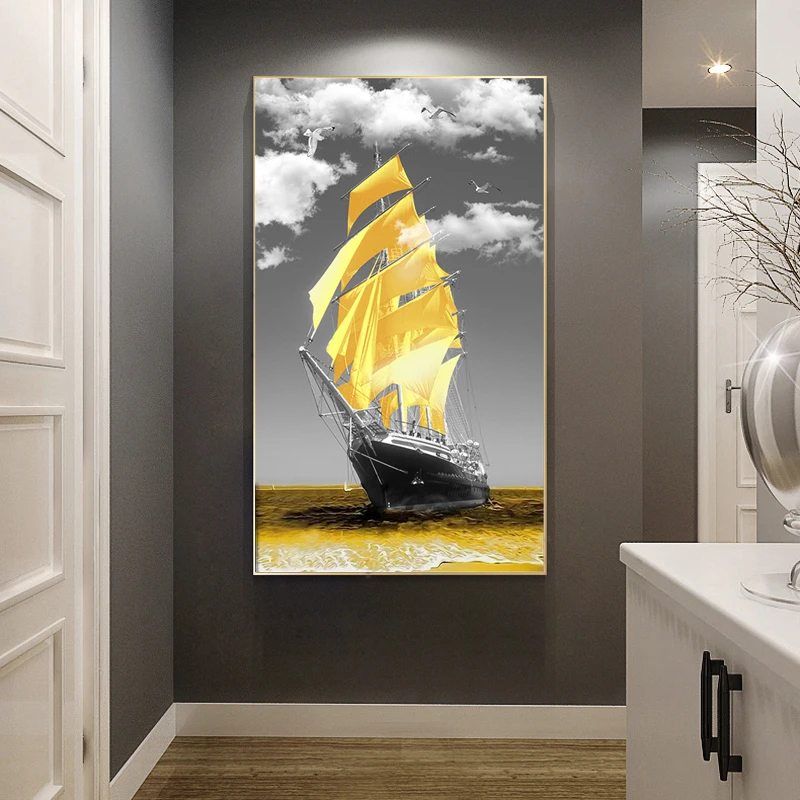 Картина на холсте Золотой океан и парусник Постер принты Морского Пейзажа