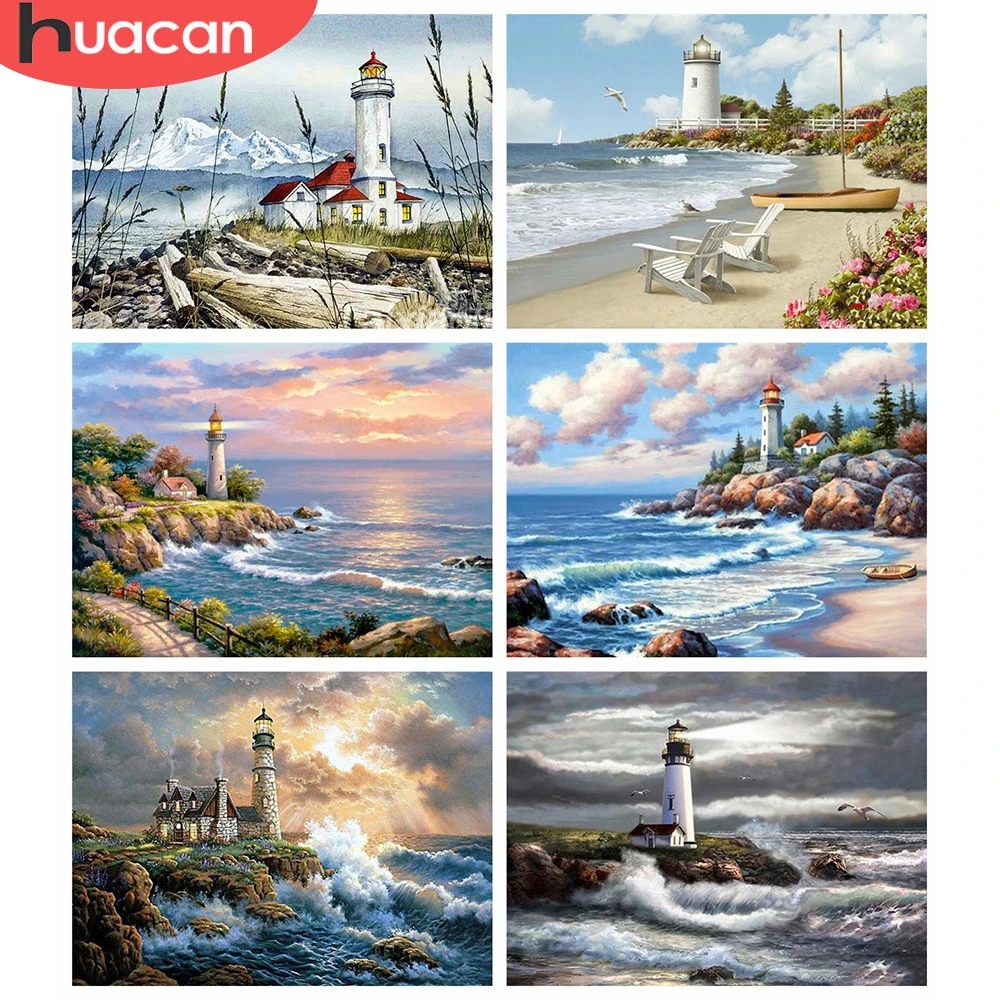 

HUACAN Full Square/Round Drill Diamond Painting 5d Seaside Lighthouse DIY Diamond Embroidery Landscape Wall Art Handicraft