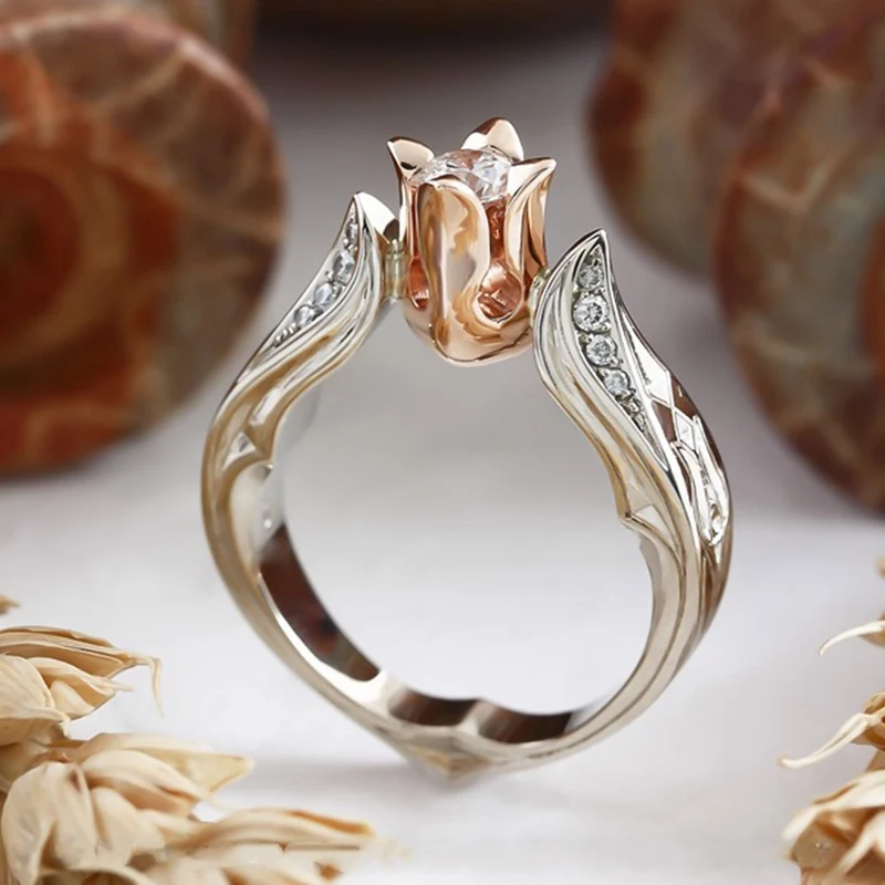 

Two-tone Rose Flower Finger Ring Female Woman Valentine's Day Gift Jewelry Fashion Color Charming Hot Sale Ring 3 Size 1pc