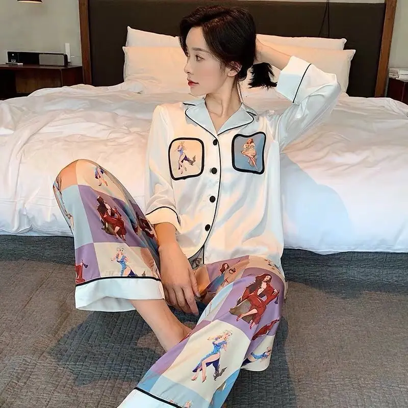 Ice Silk Pajamas Women Spring and Summer Long-sleeved Korean Cute Suit Sexy Plus Size Loose Home Service Women Pajama Set