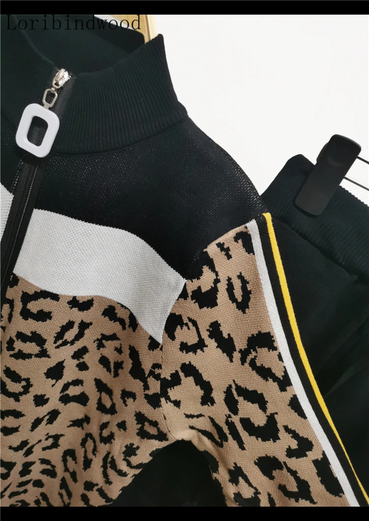 

2020 new autumn winter knit women tracksuit leopard long sleeve cardignas knitted coat elastic pants 2 piece set knit suit