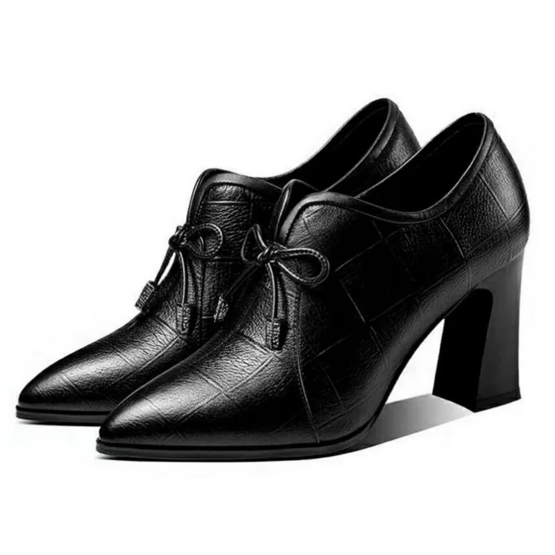 

High Heels Woman Leather Shoes Women Pumps Pointed Toe Femal Footware For Female Block Heel Black high heels sexy high heels