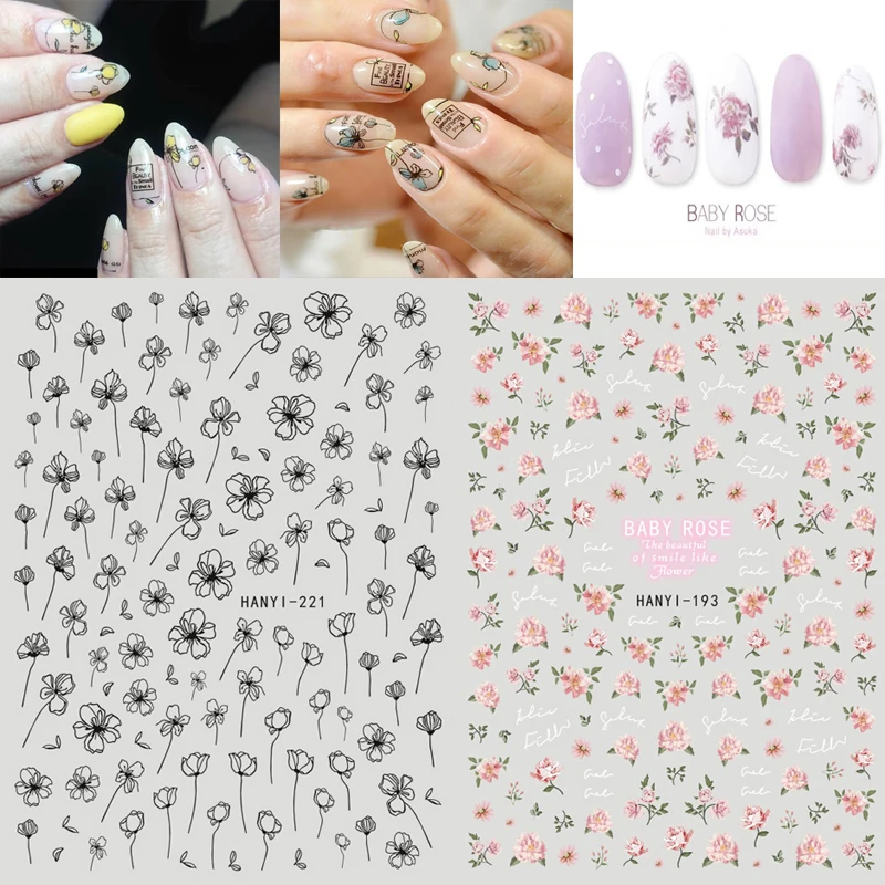 

Back Glue Stickers Pink Baby Roses Sketch Black Flowers Nail Decals Decoration For Nail Art Manicure Beauty