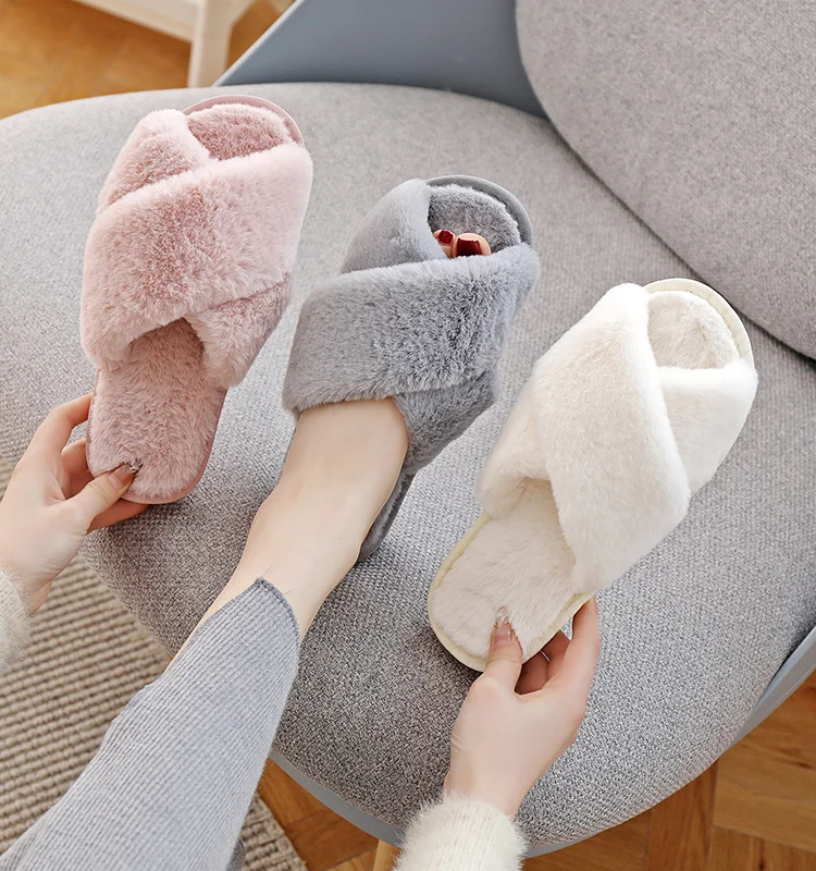 

Warm Fluffy Slippers Women Cozy Faux Fur Cross Indoor Floor Slides Flat Soft Furry Shoes Ladies Female Celebrities Flip Flops