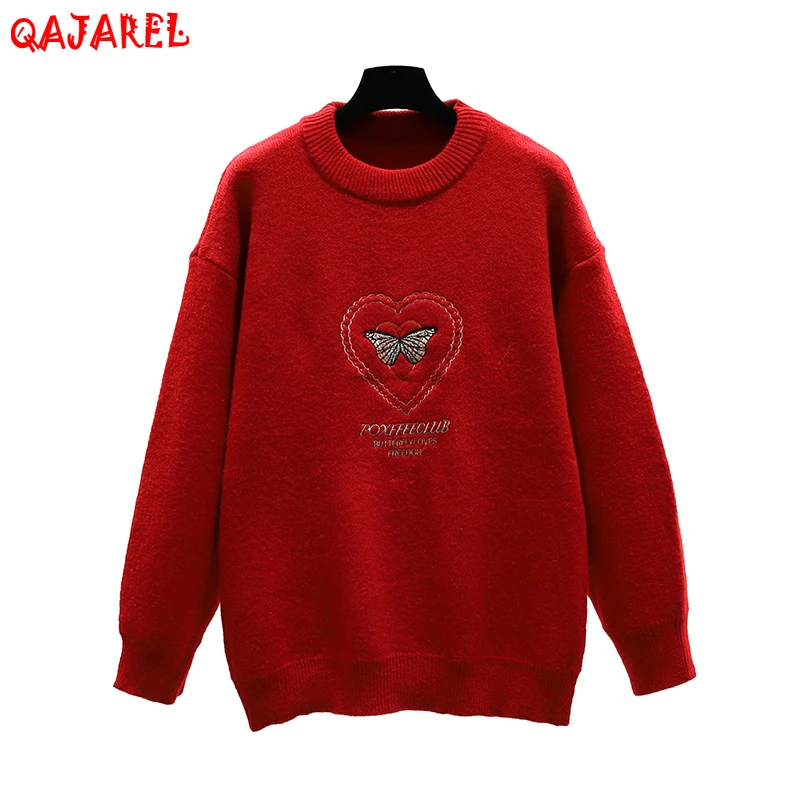 

Autumn Winter Red Knitted Cotton Embroidery Top Sweaters Women Korean Vintage Casual Pullovers 2023 Elegant Bodycon Coat Sweater
