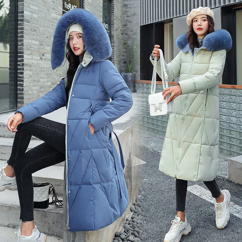 2020 Winter Jacket Women Coat Windproof Warm Female Hooded Parkas Long Design Double Sided Snow Overcoat With Belt Femme Veste