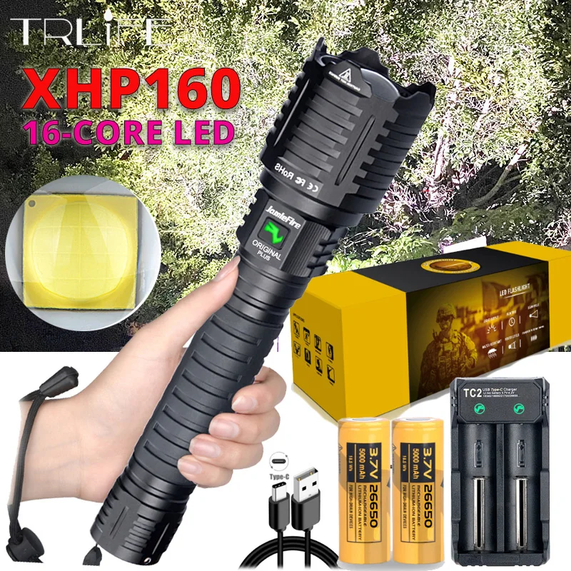 

XHP160 Most Powerful Flashlight 16-core Light Brightest Lantern Zoomable 26650 Camping USB Rechargeable Tactical Hunting Torch