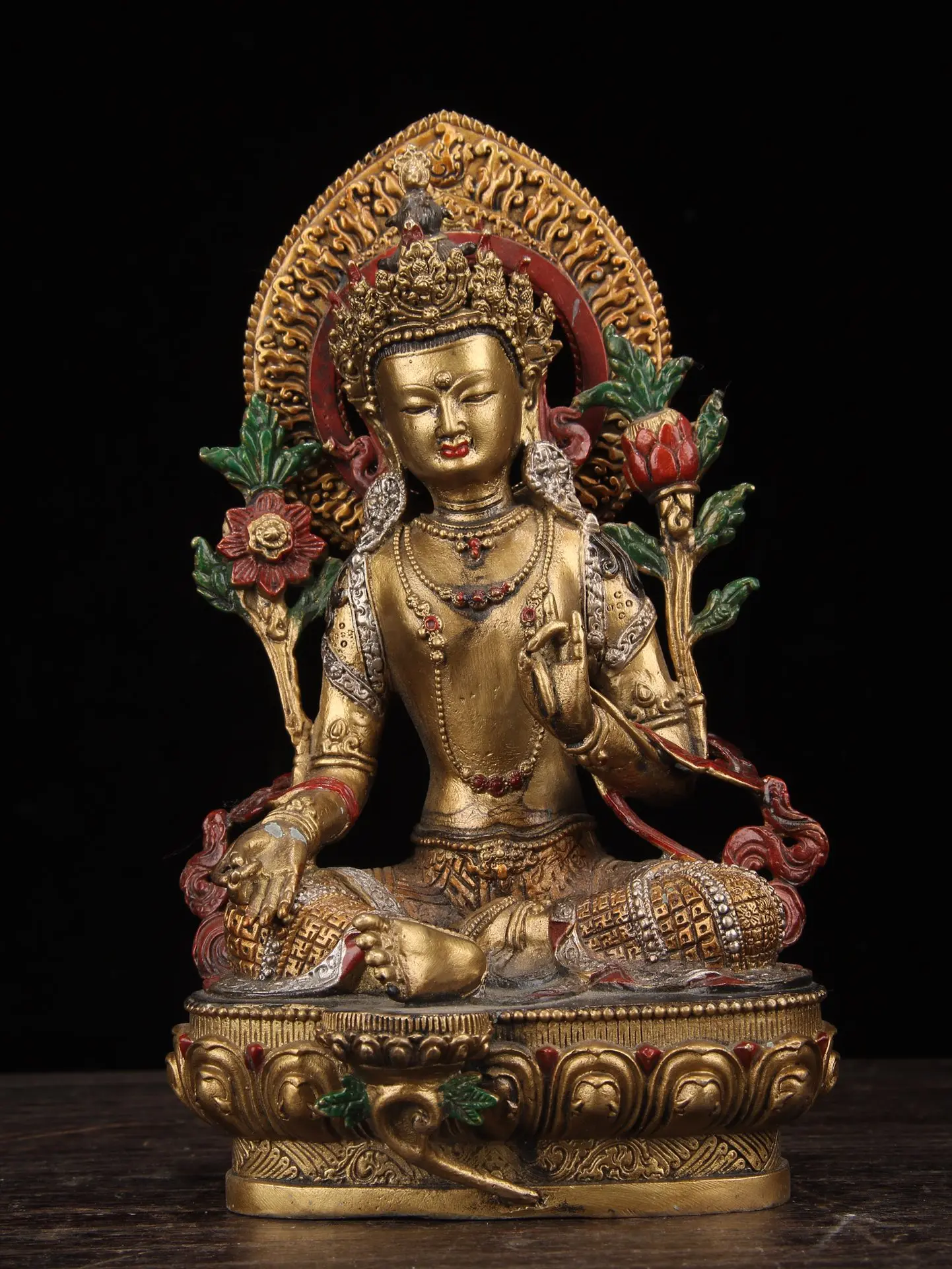 

9" Tibet Buddhism Old Bronze Painted Green Tara Moonlight Tara Buddha Statue Holy Salvation Buddha Enshrine the Buddha