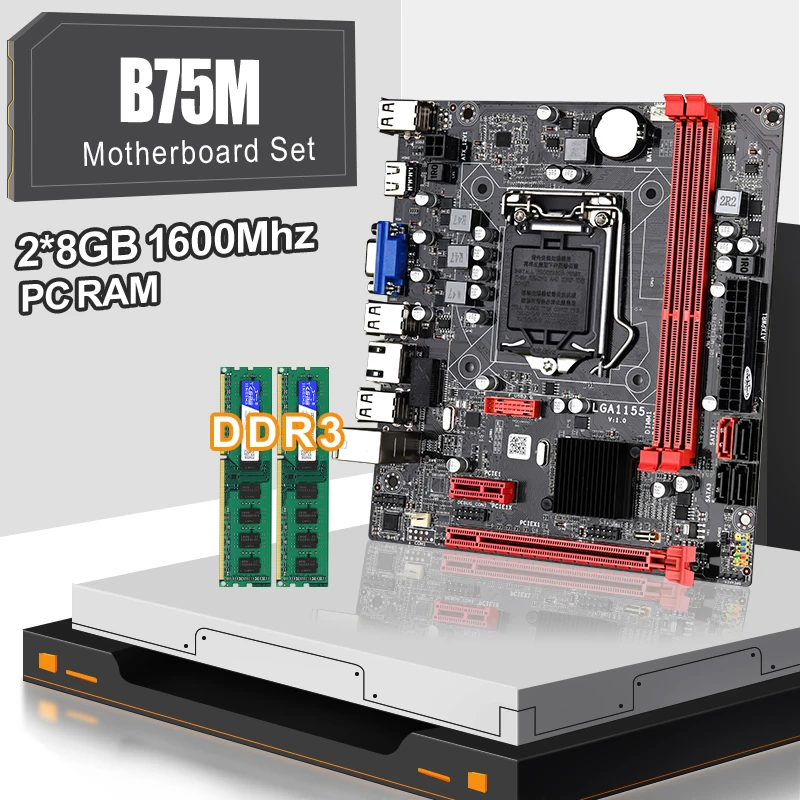 

B75 Motherboard LGA 1155 Set With DDR3 2*8GB 4GB PC RAM 1600MHZ UP TO 16GB Desktop Mainbord Support Core i3 i5 i7 Processor VGA