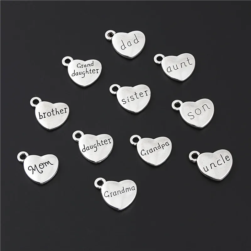 22 шт. смешанный серебряный цвет слова в форме сердца шармы Папа мама брат