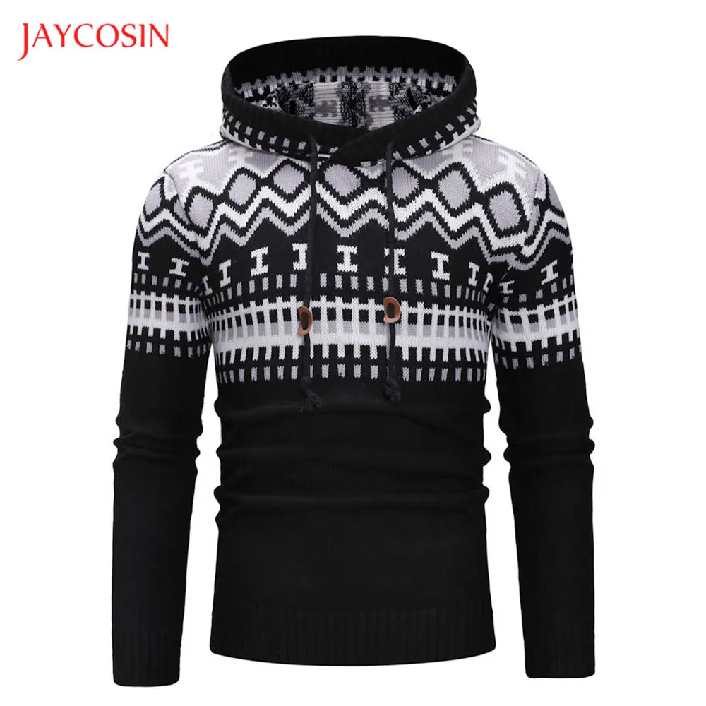 Joycosin 2019 New Autumn Winter Men Printed Pullover Hooded top Patchwork Diamond Knitted Warm Hoodies Sweatshirt Drawstring | Мужская